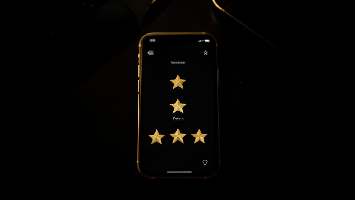 Pantalla de teléfono con cinco estrellas doradas sobre un escritorio oscuro con luz dorada