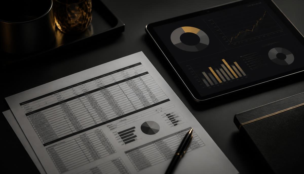 Printed spreadsheet beside a tablet showing a simple dashboard on a dark desk