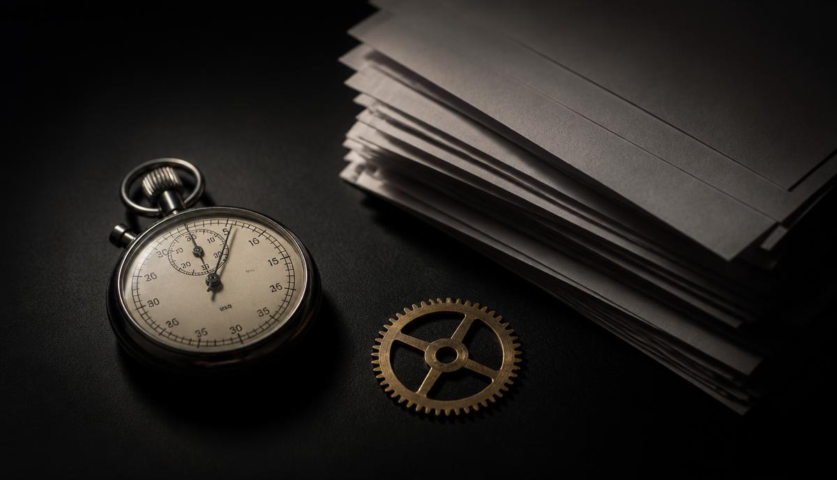 Stopwatch beside a stack of paper invoices and a gold gear on a dark surface