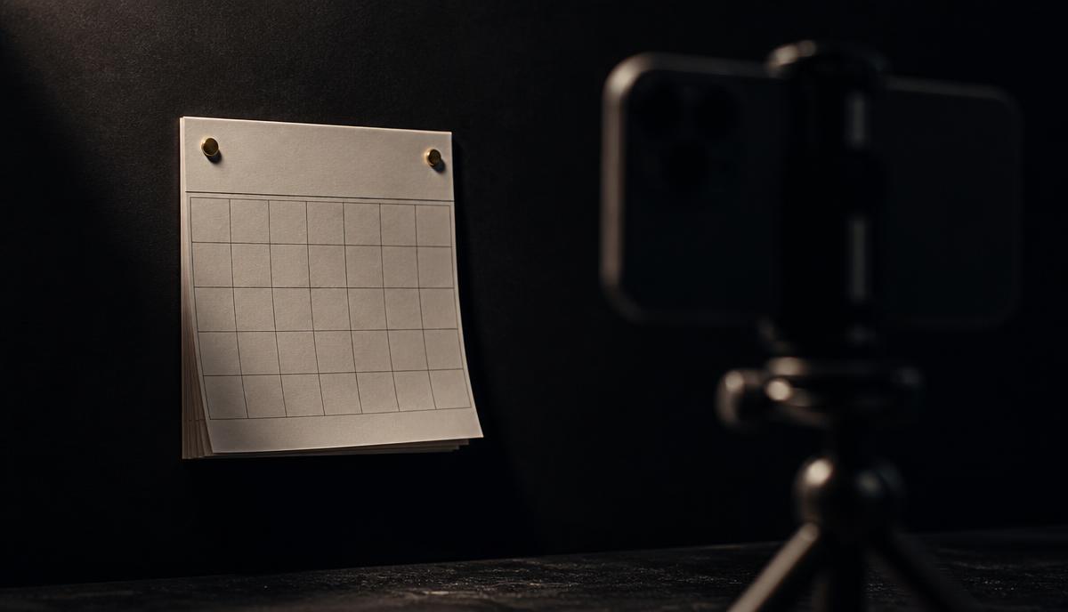 Calendario de pared en blanco con chinches doradas junto a un teléfono en tripié